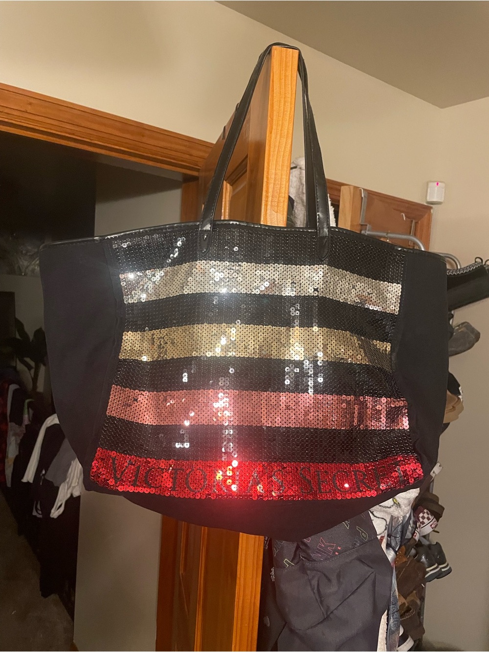 Victoria's Secret Black Tote with Multicolor Sequin Stripes